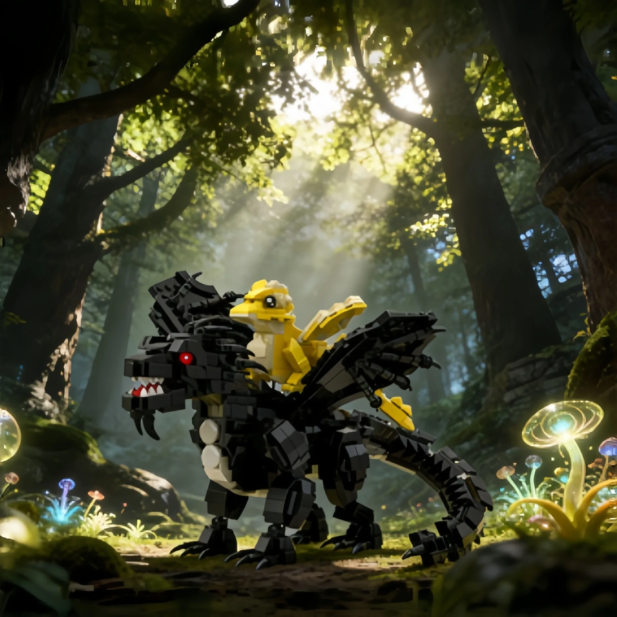 Poseable Fourth Wing inspired black dragon and baby gold dragon building block model displayed in an illuminated fantasy forest.