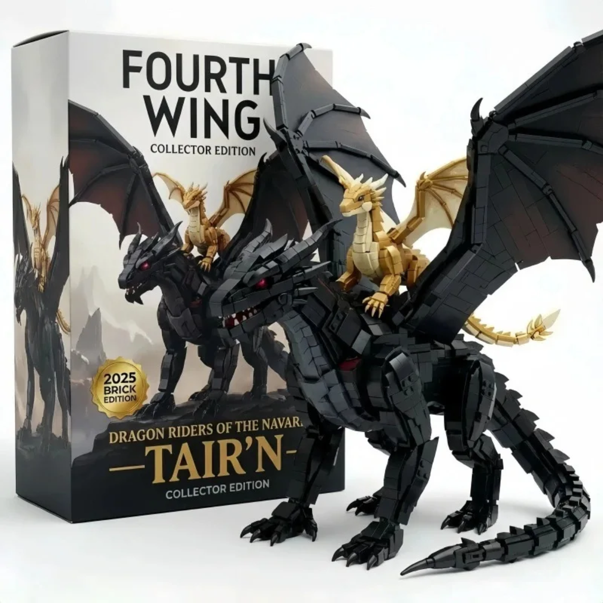 Fourth Wing collector edition building block set featuring assembled black dragon Tairn and golden dragon Andarna next to the retail box.