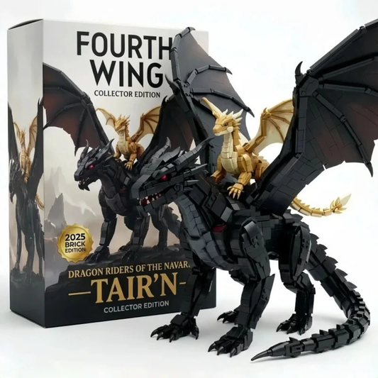 Fourth Wing collector edition building block set featuring assembled black dragon Tairn and golden dragon Andarna next to the retail box.