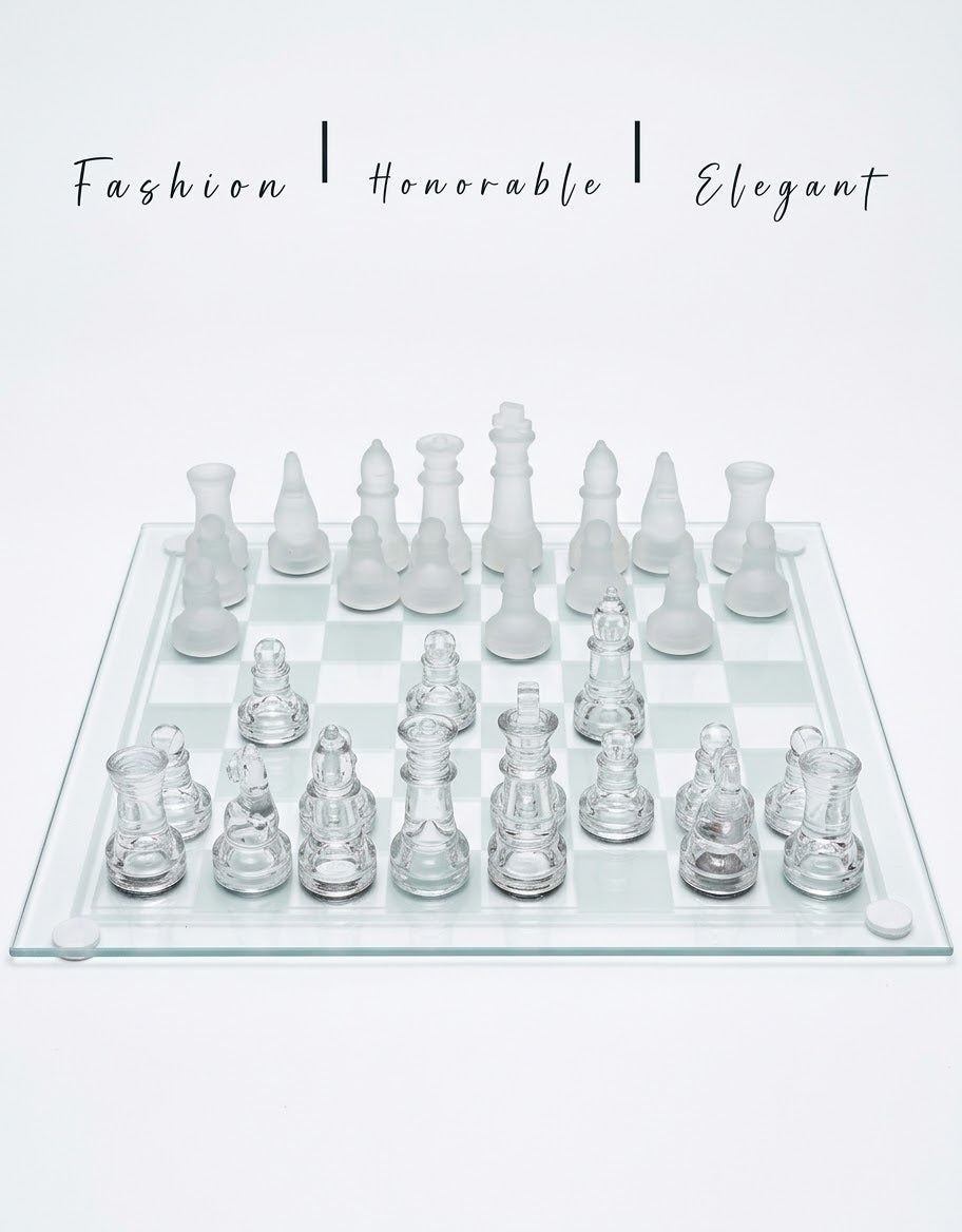 Close-up shot of frosted knight and rook glass chess pieces reflected on a glass chessboard