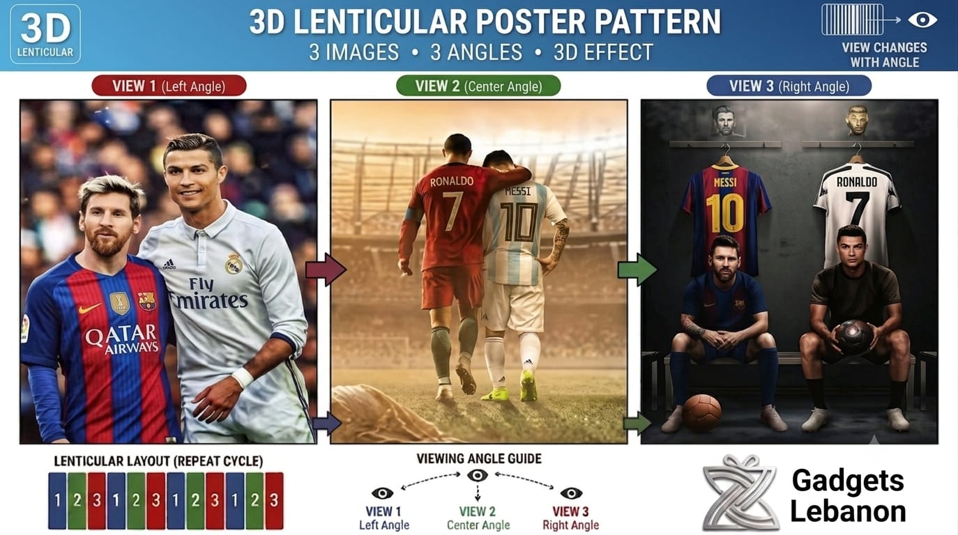 Ronaldo and Messi 3D lenticular poster featuring 3 changing images and angles from gadgetslebanon.