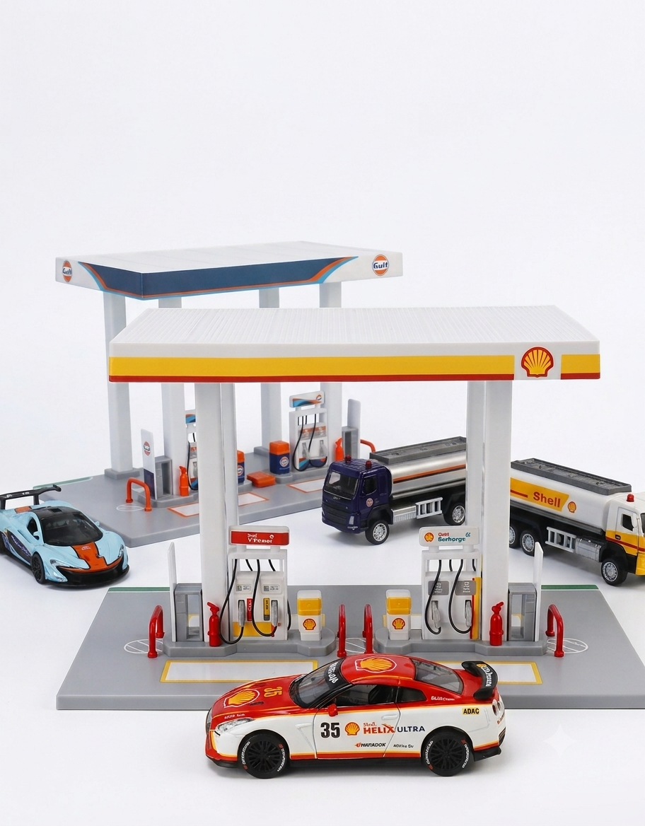 Assembled Shell and Gulf gas station diorama kits displayed with scale diecast sports cars and fuel tanker trucks.