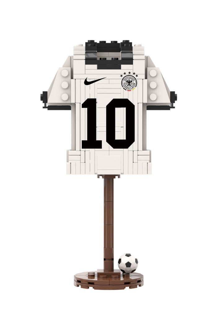 Germany white number 10 football jersey building block model kit on a brown pedestal display stand.