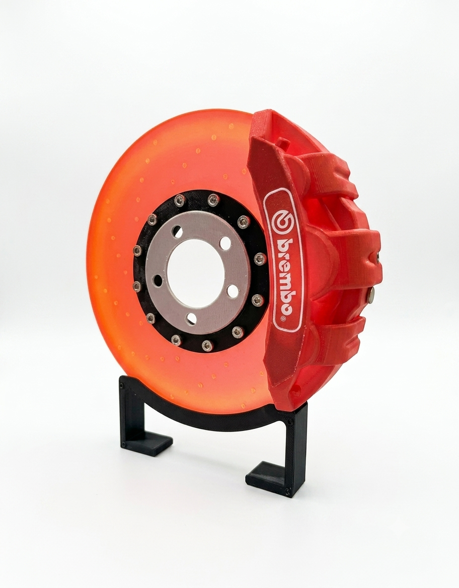 Automotive LED glowing brake disc rotor desk lamp with red brake caliper and display stand.