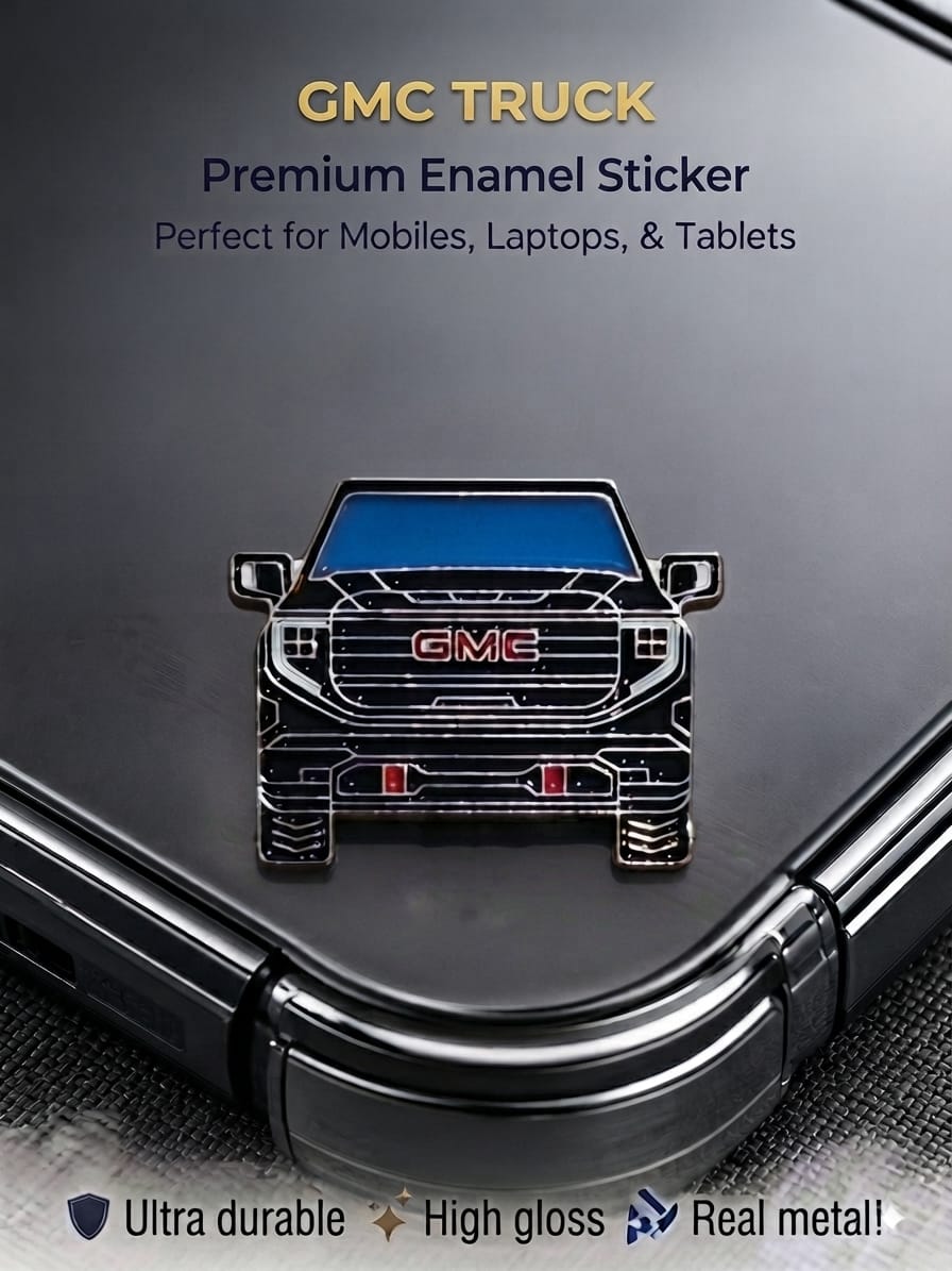 Black GMC truck metal enamel sticker with high-gloss finish attached to the back of a mobile phone case