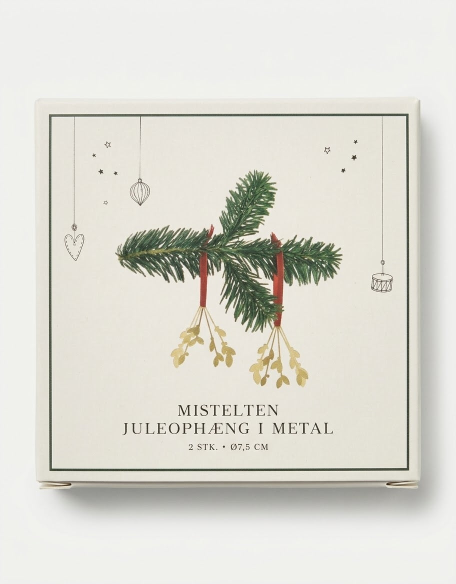 Nordic metal mistletoe branch Christmas ornaments set of two with red ribbons in retail display box.