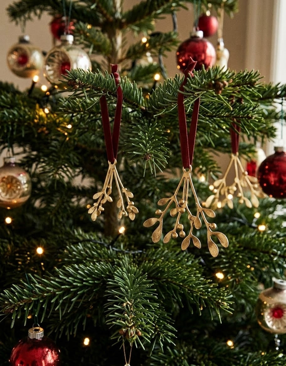 Brass-tone mistletoe Christmas hanging decorations with red velvet ribbon displayed on a decorated evergreen tree.