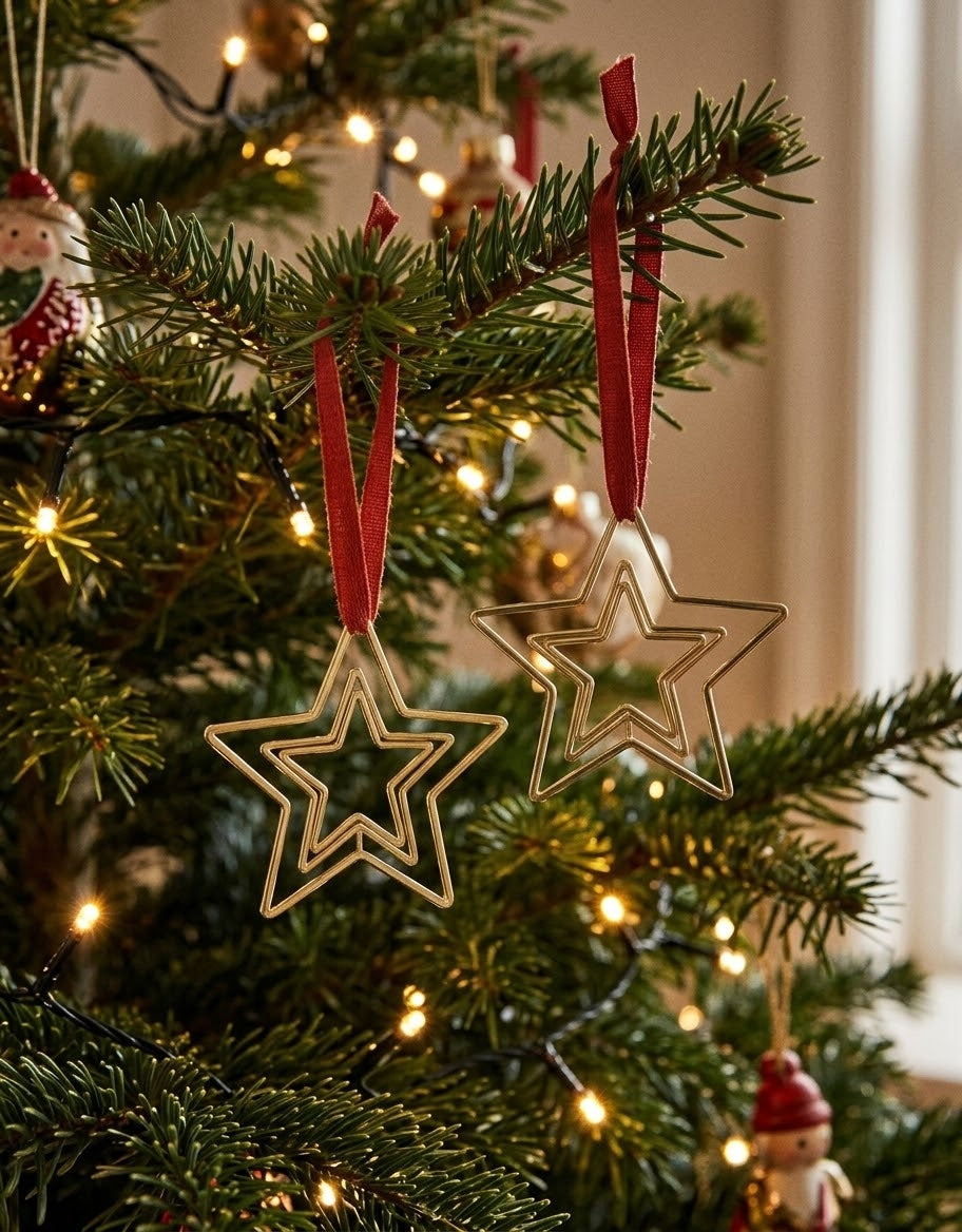 Two geometric openwork gold metal star ornaments with red ribbons suspended among warm Christmas tree fairy lights.