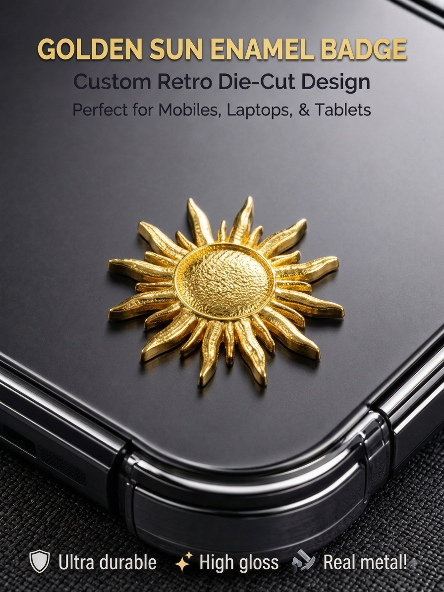 3D golden sun real metal sticker badge attached to the back of a black smartphone.