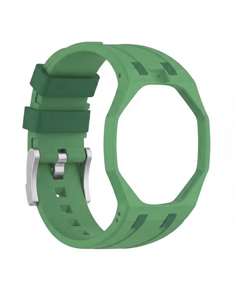 Matching green silicone wrist strap and conversion case adapter with silver pin buckle