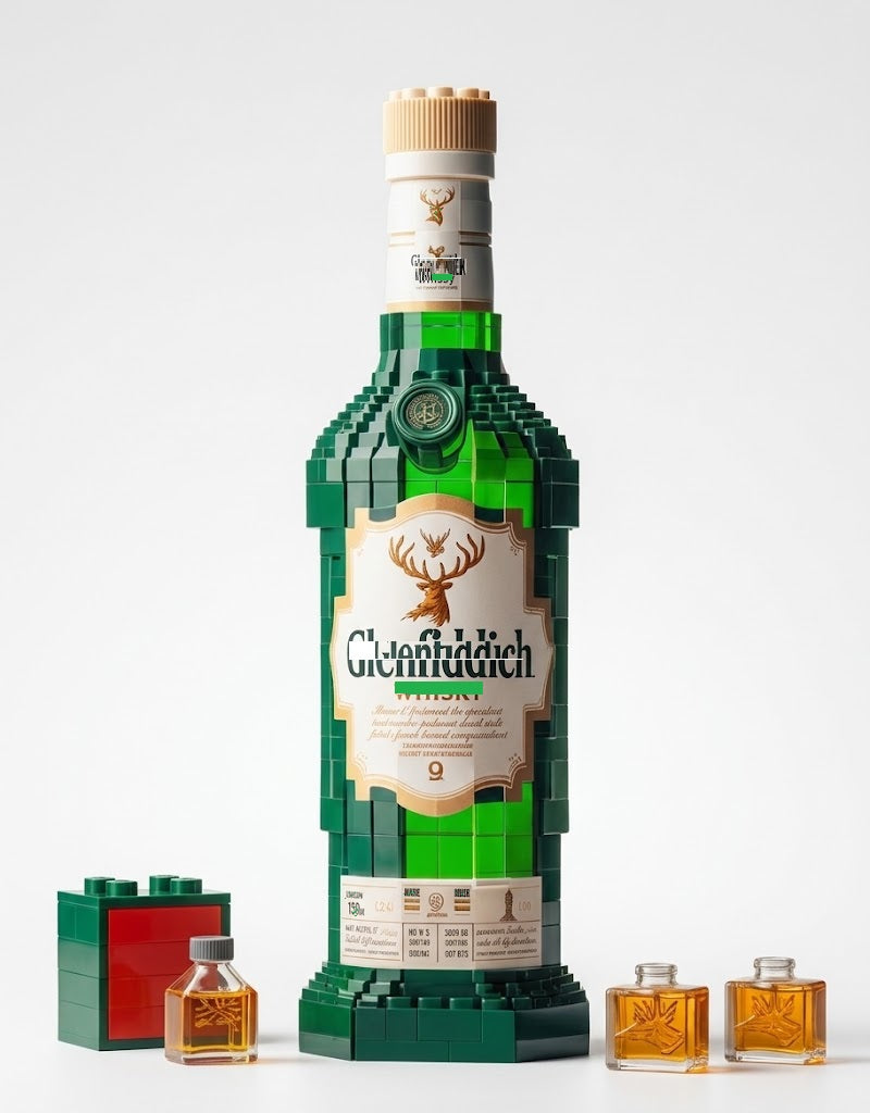 Green vintage collector bottle building block model kit featuring a stag emblem label, wooden-style cap, and miniature bottle accessories on a white background.