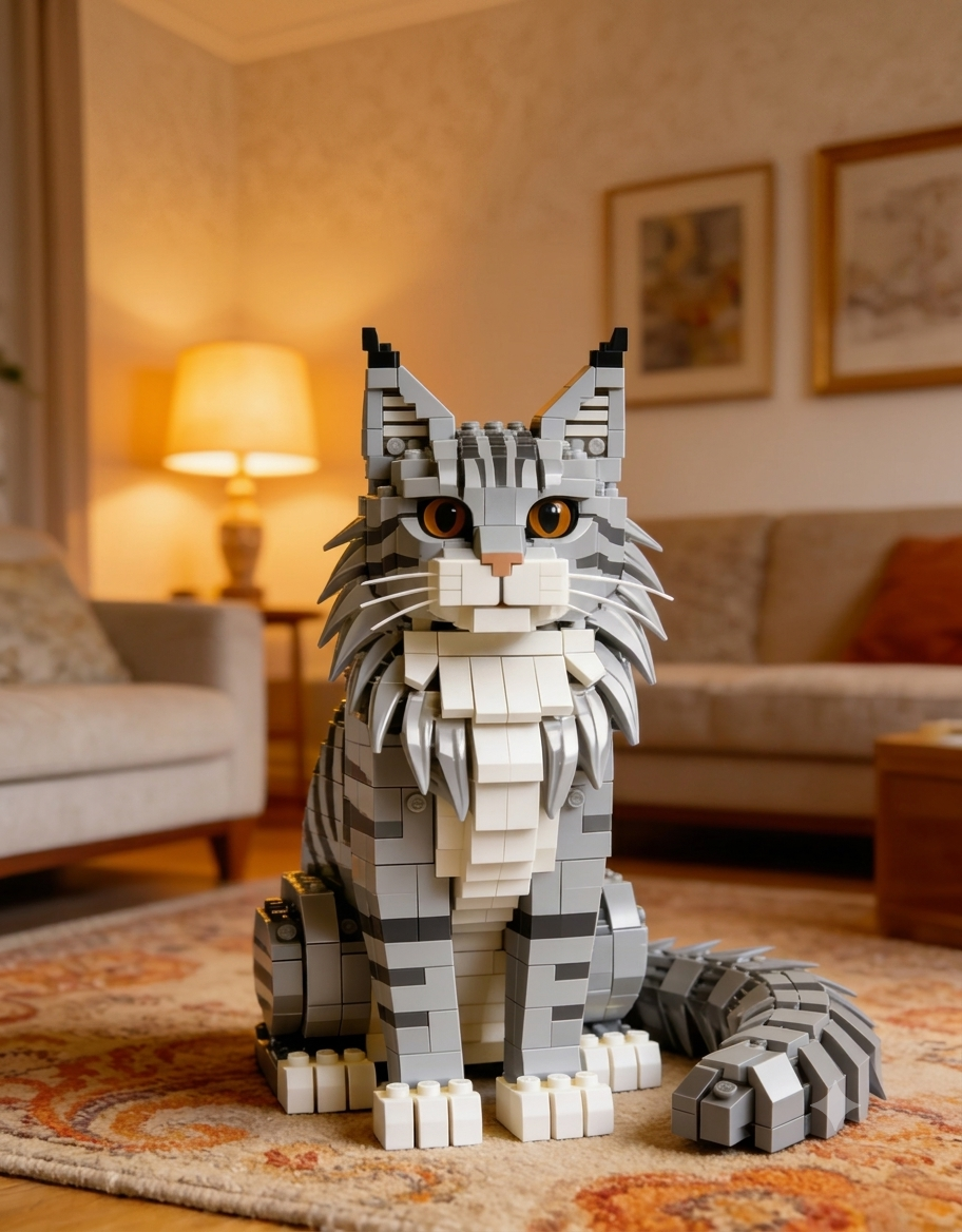 Full-front view of a gray striped cat building block figure sitting on an oriental rug in a cozy living room.