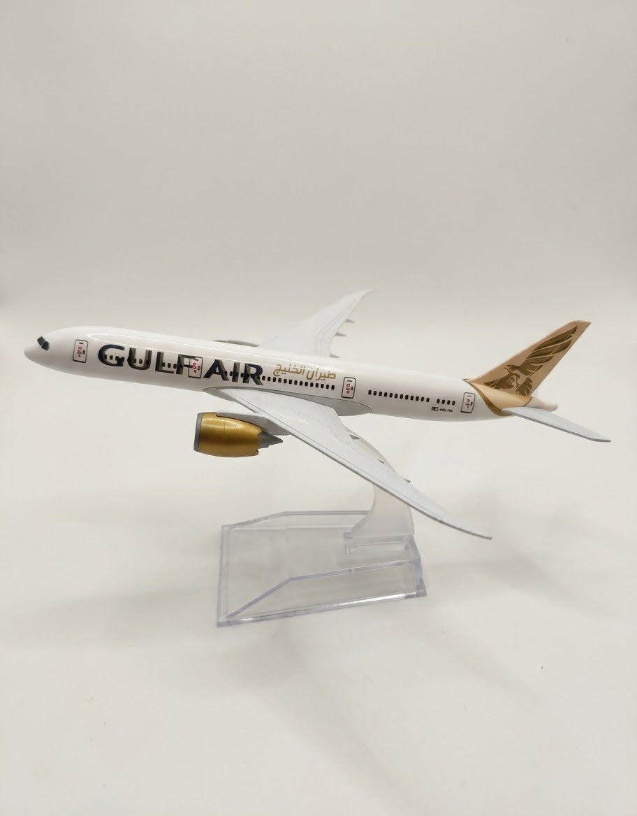 Gulf Air Boeing 787 Dreamliner 15cm diecast metal airplane model on clear display stand, collectible aviation gift available in Lebanon.