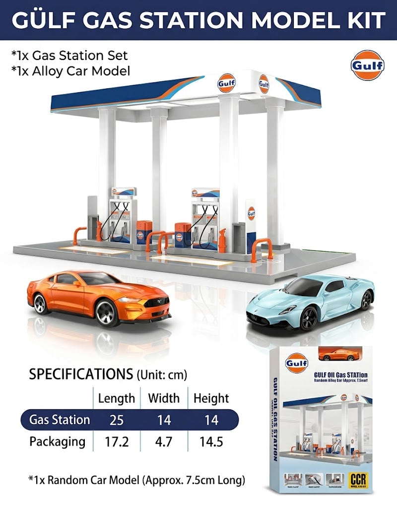 Product specifications and packaging dimensions for the Gulf gas station diorama kit with included alloy car model.
