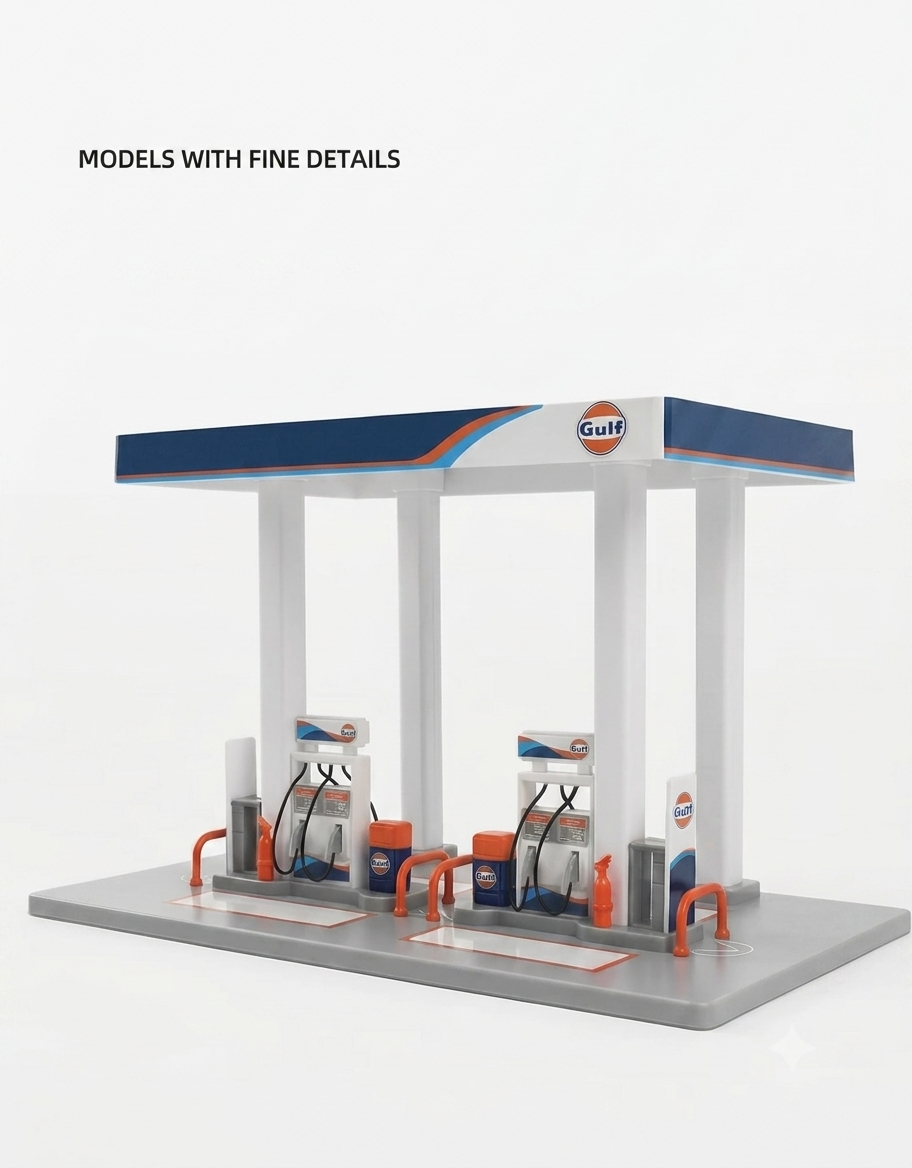 Gulf Oil gas station assembly diorama model kit featuring detailed dual fuel pumps and branded canopy for diecast car displays.