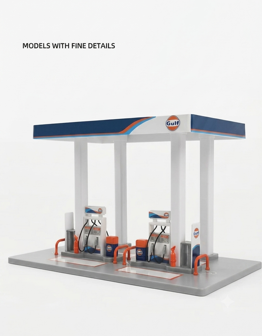 Gulf Oil gas station assembly diorama model kit featuring detailed dual fuel pumps and branded canopy for diecast car displays.
