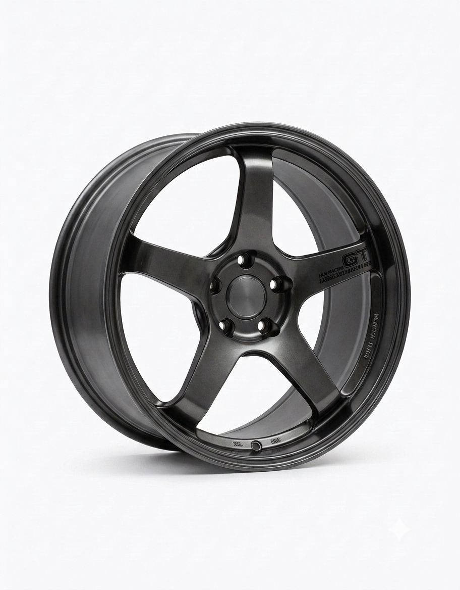 Studio shot of 10cm gunmetal grey 5-spoke diecast aluminum mini wheel collectible on a clean white background.