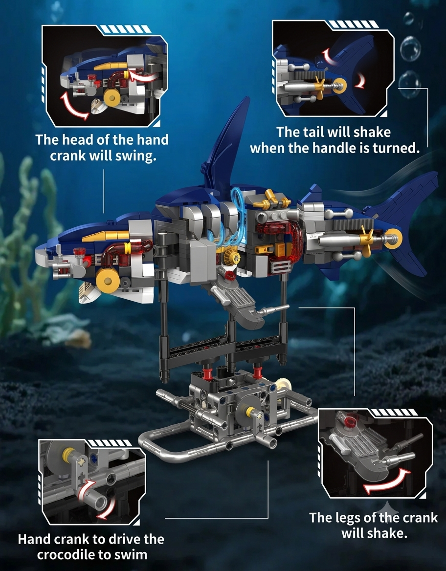 Diagram illustrating hand-crank kinetic movement features for swinging head, moving fins, and wagging tail on mechanical shark model.