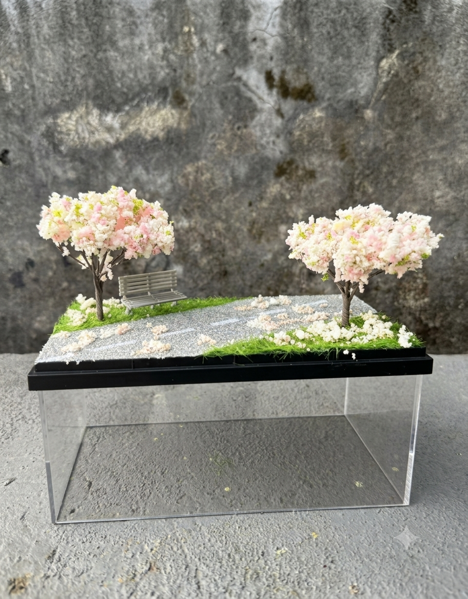 Detailed close-up of the 1:64 scale miniature park bench, paved road, and pink cherry blossom trees without dust cover.
