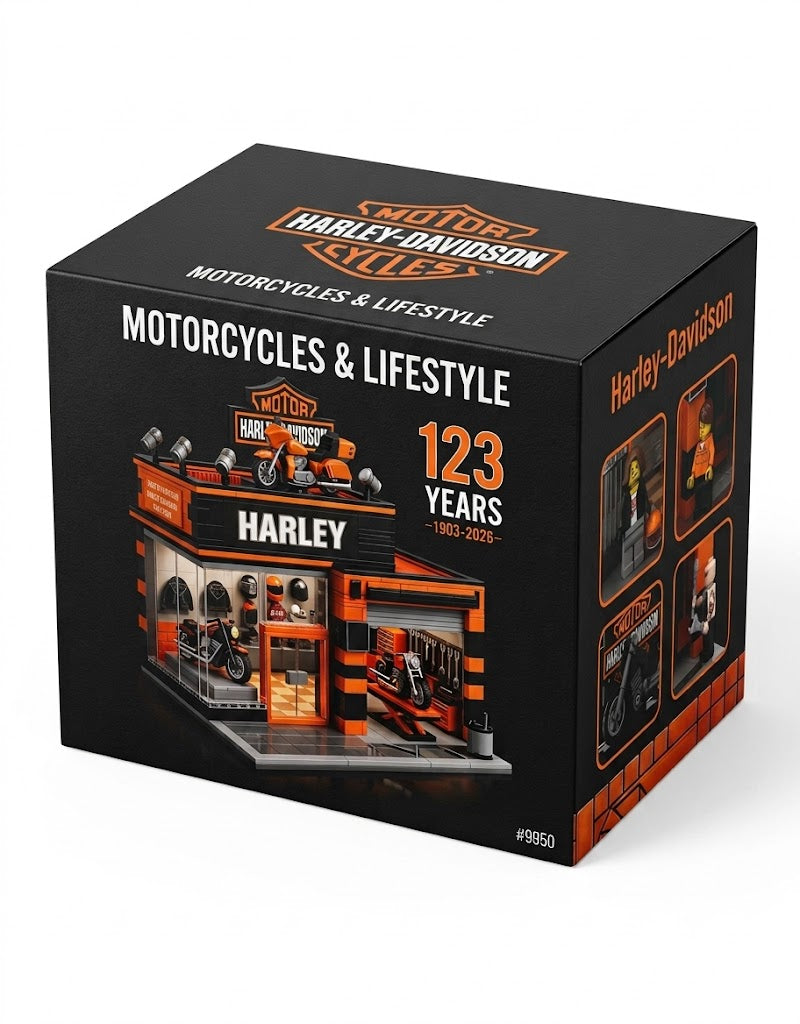 Collector box packaging for the 123rd Anniversary Harley-Davidson dealership DIY building block set #9950.