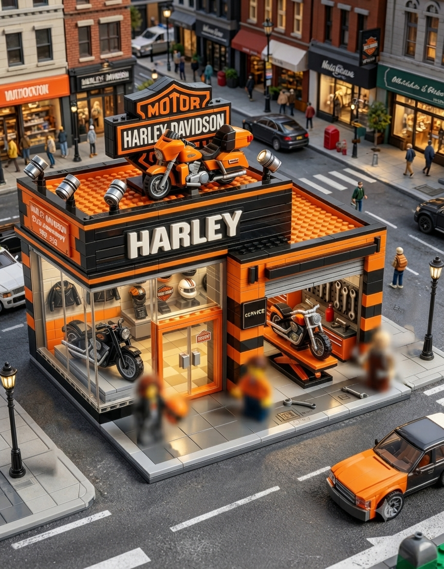 Harley-Davidson motorcycle dealership building block model integrated into a custom modular miniature city street scene.