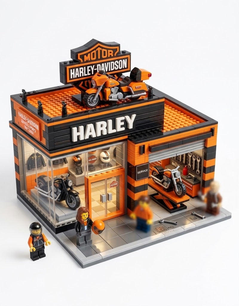 Harley-Davidson motorcycle dealership and service garage modular building block set with showroom, workshop, and minifigures.