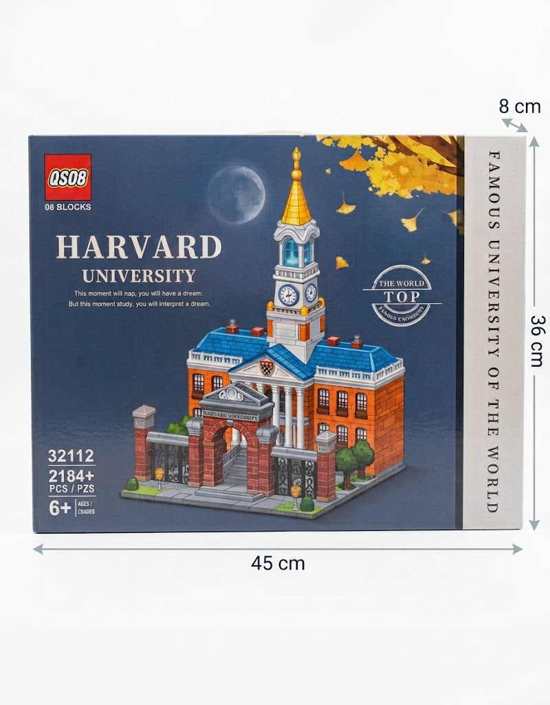 Front view of the QS08 Harvard University 2184+ piece building blocks collector gift box, in stock for online order in Lebanon.