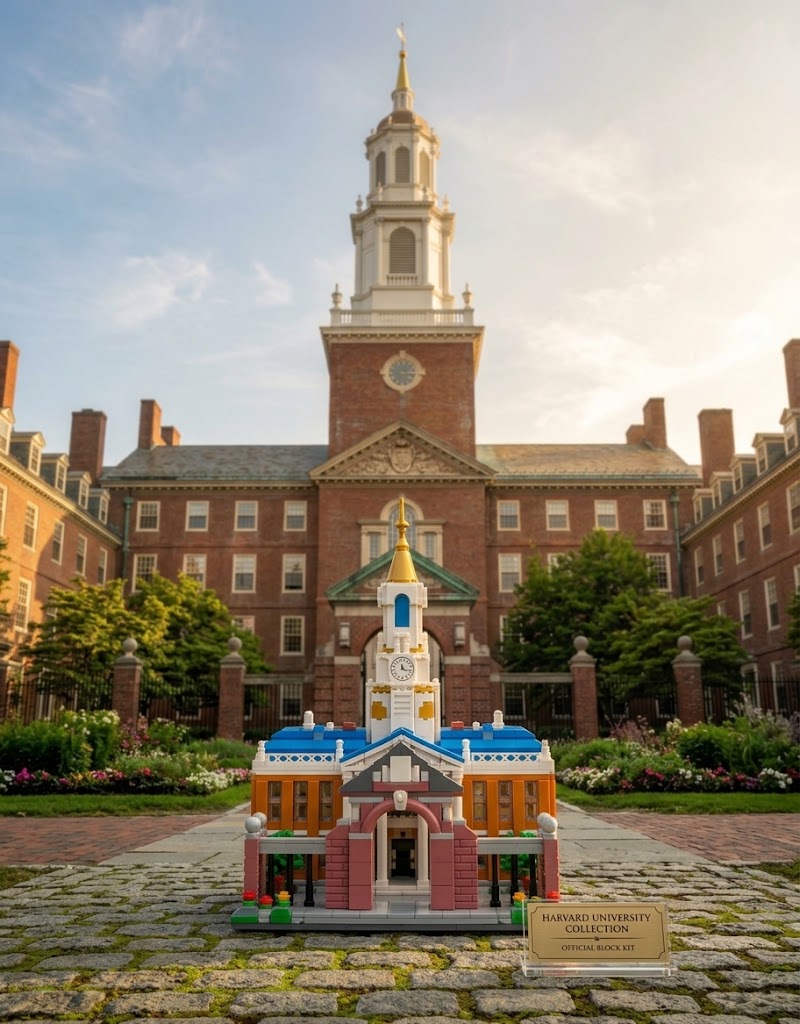 Assembled 2184-piece Harvard University architectural building blocks model set displayed in front of the campus bell tower, available in Lebanon.