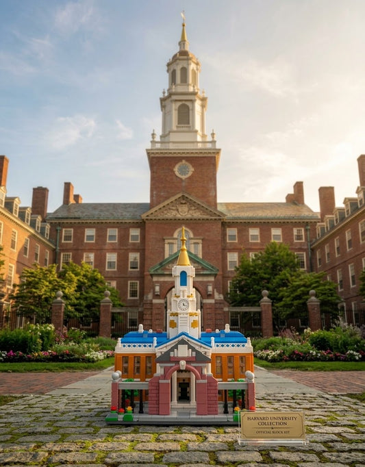 Assembled 2184-piece Harvard University architectural building blocks model set displayed in front of the campus bell tower, available in Lebanon.