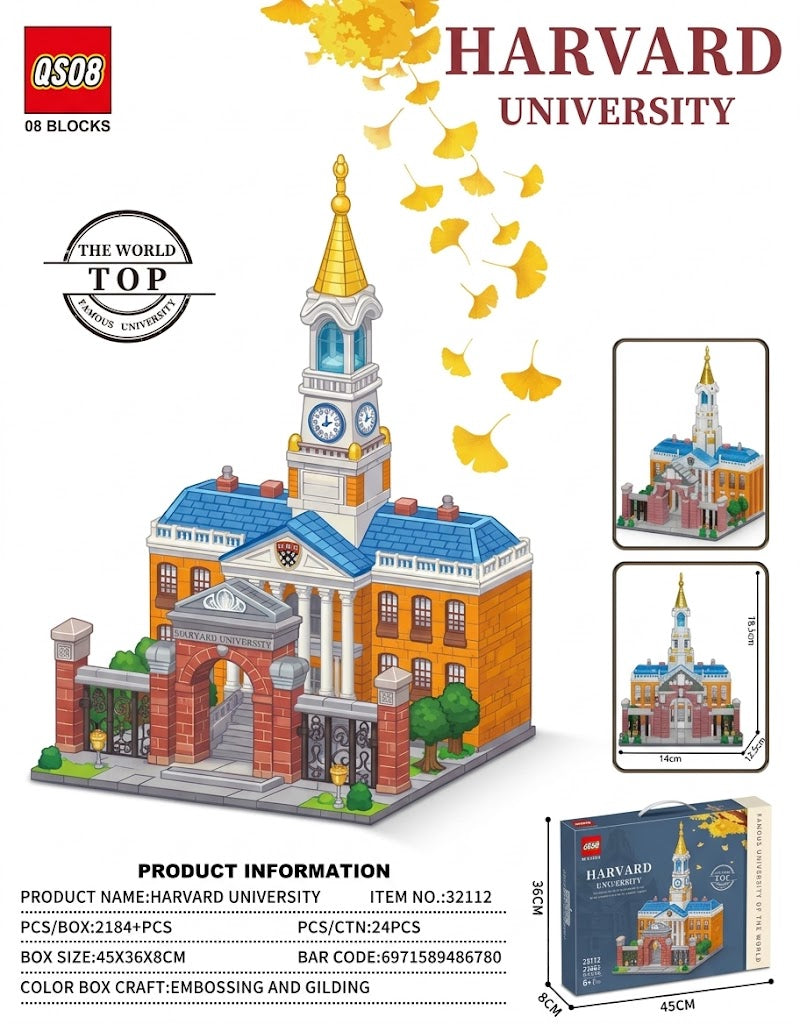 Product specifications, box dimensions, and built size for the QS08 32112 Harvard University 2184-piece architecture blocks kit with Lebanon delivery.