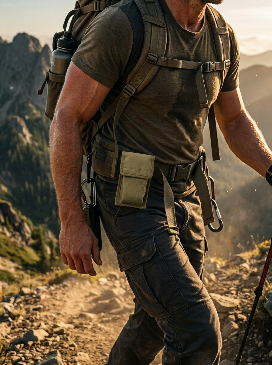 Hiker on a mountain trail wearing olive green tactical cutlery pouch attached to belt strap.