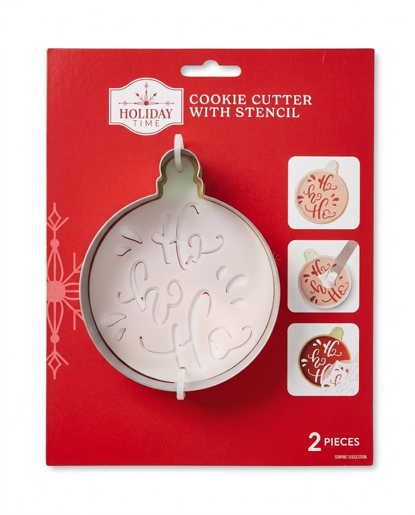Holiday Time 2-piece Christmas ornament cookie cutter and Ho Ho Ho stencil set in retail packaging, fast delivery across Lebanon.