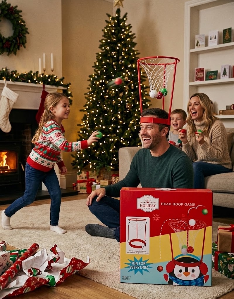 Family playing the Holiday Time head hoop basketball game by the Christmas tree, fun holiday party game available in Lebanon.