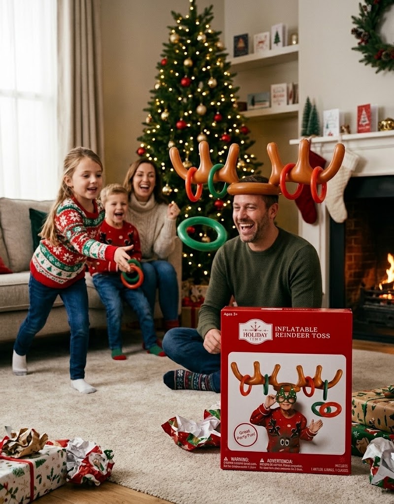 Inflatable reindeer antler toss holiday party game set with packaging displayed in a Christmas living room setting in Lebanon.