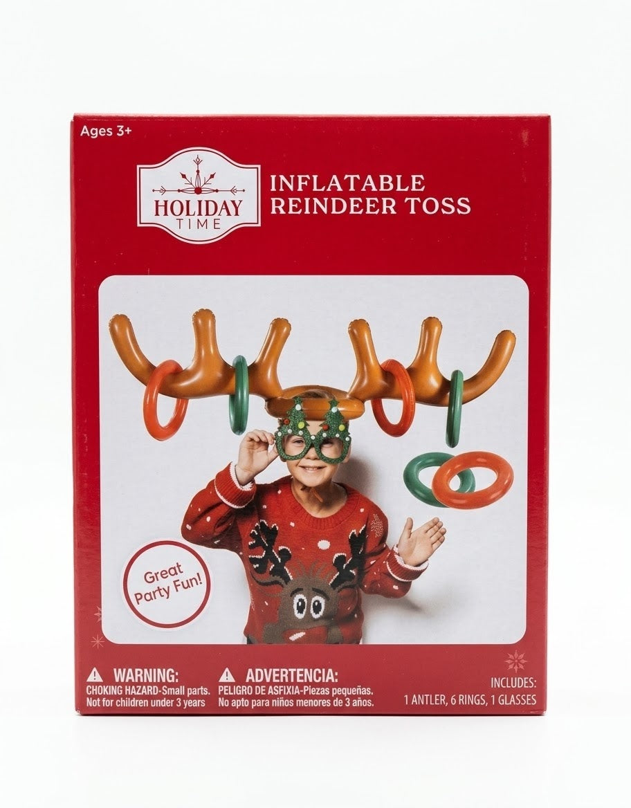 Holiday Time inflatable reindeer toss party game box including inflatable antler headband, six rings, and holiday glasses available in Lebanon.