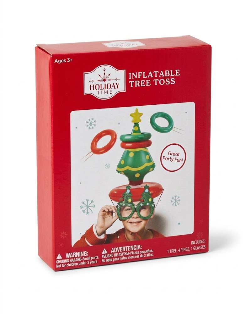 Holiday Time inflatable Christmas tree toss game box packaging with inflatable hat, 4 rings, and novelty glasses.