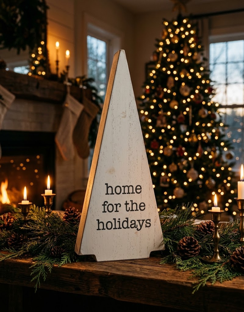 Rustic white wooden Christmas tree sign styled on a warm fireplace mantel with pine garland and glowing candles, Christmas home accents in Lebanon.