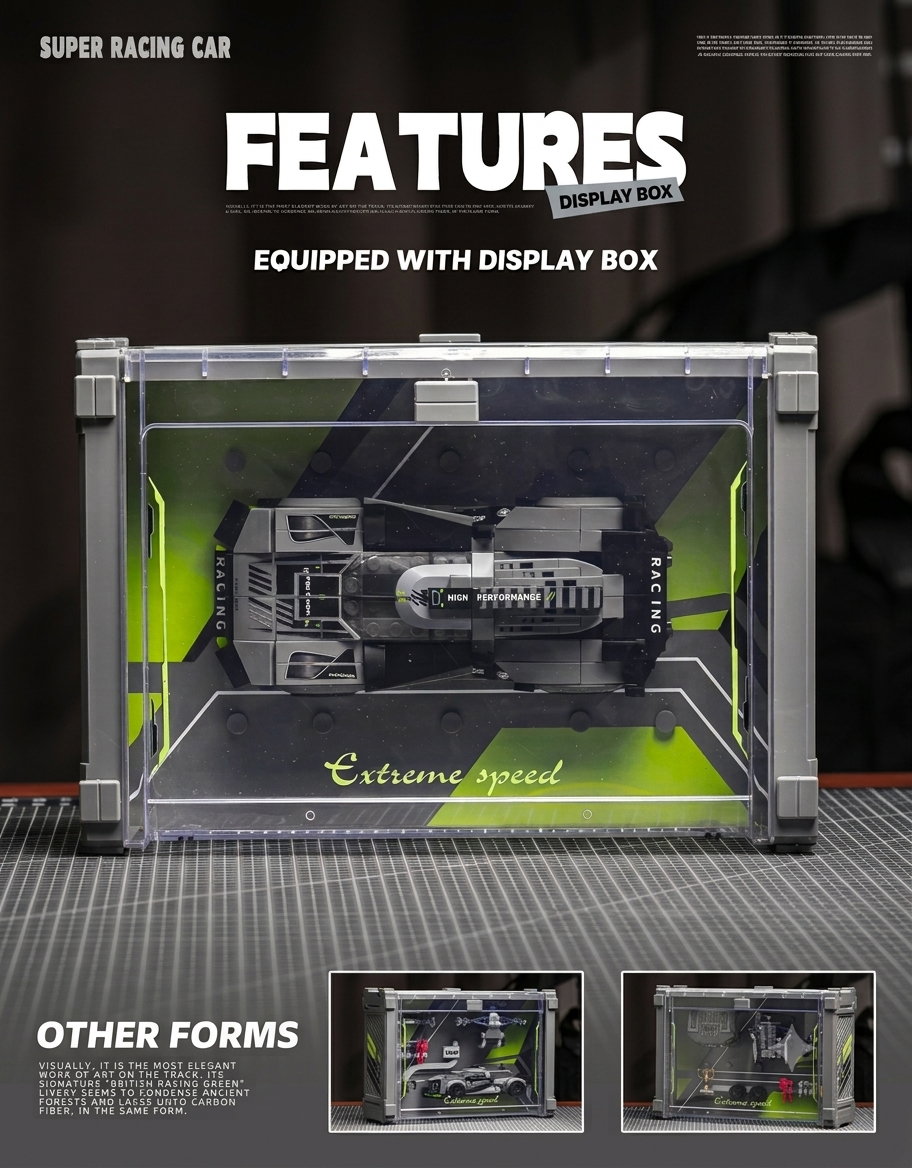 op-down view of the high-performance racing car building model placed inside the specialized collector showcase box.
