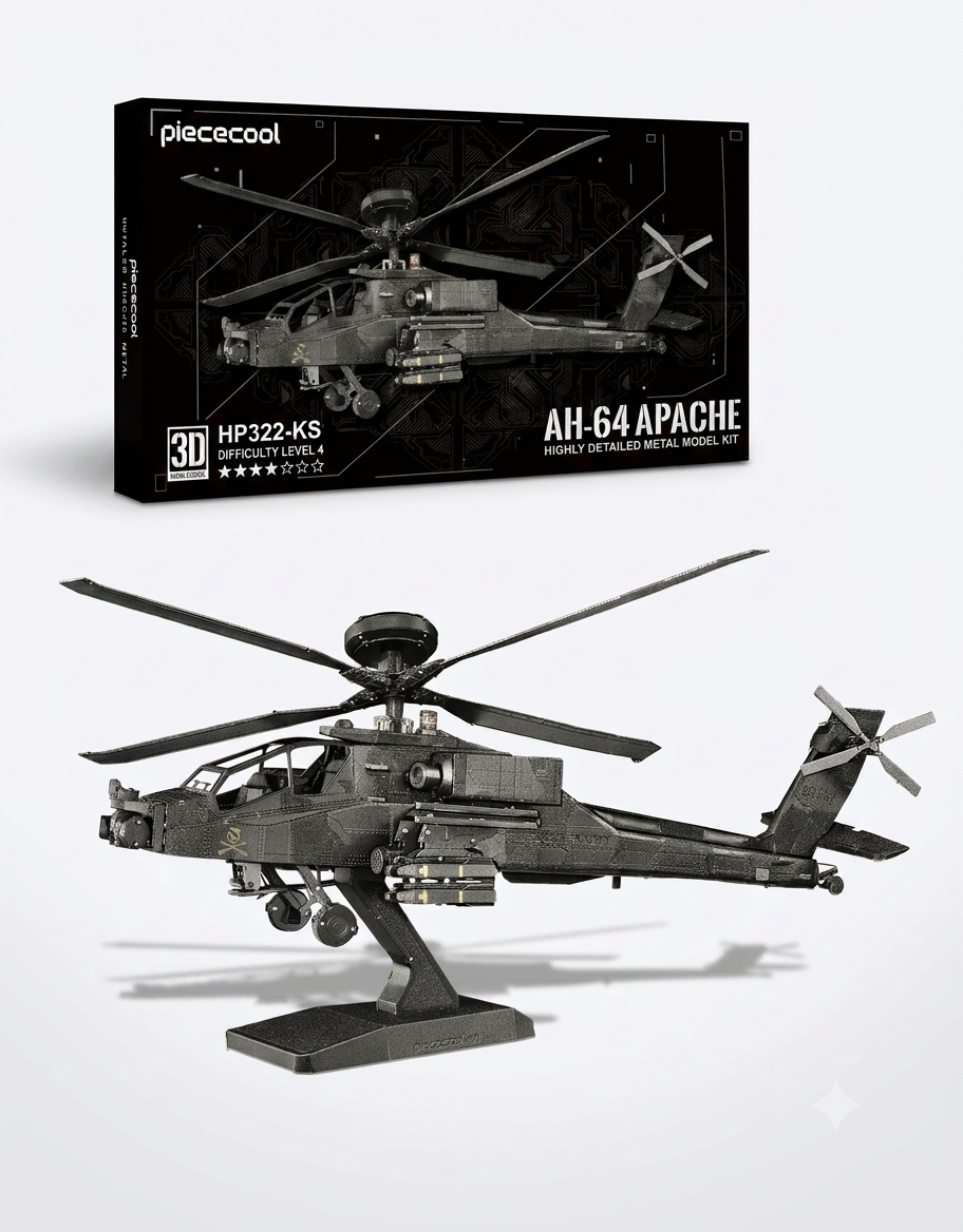 Piececool AH-64 Apache HP322-KS 3D metal puzzle packaging box displayed next to the finished metallic helicopter.