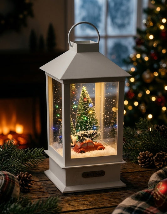 Illuminated white holiday snow globe lantern displayed on a rustic wooden table beside a warm fireplace in Lebanon.
