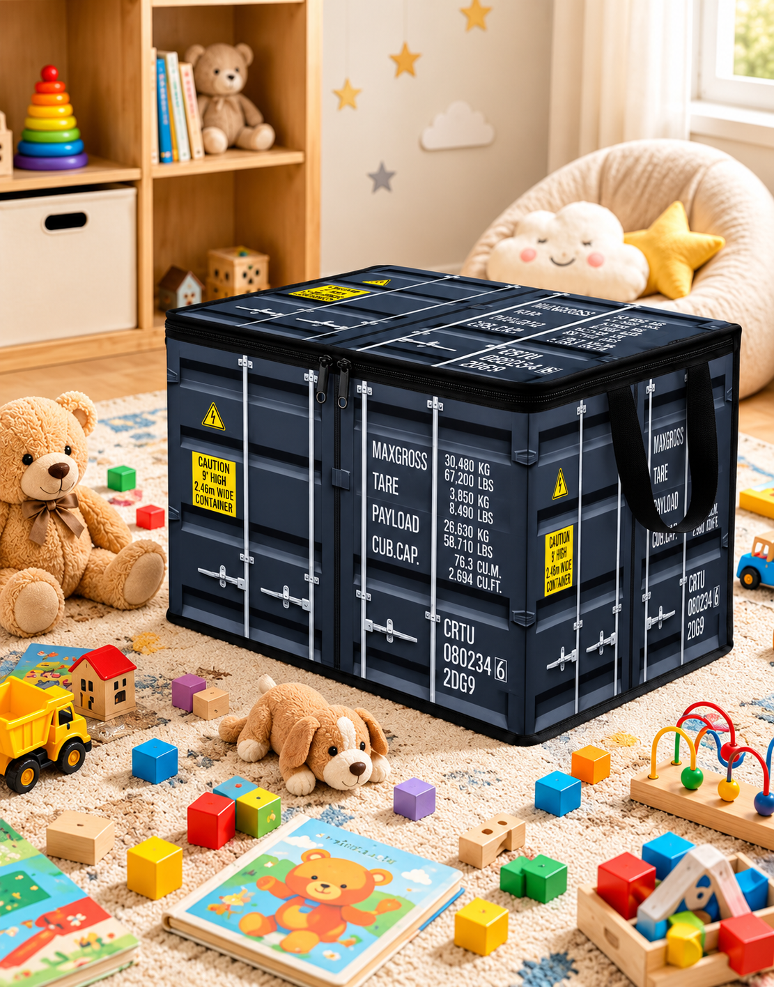 Large shipping container style storage chest organizing toys, plush teddy bears, and wooden building blocks in a modern children’s playroom.