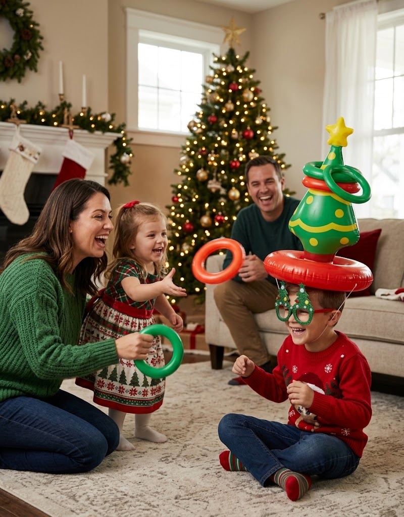 Family playing the inflatable Christmas tree ring toss party game by the Christmas tree, available online in Lebanon.
