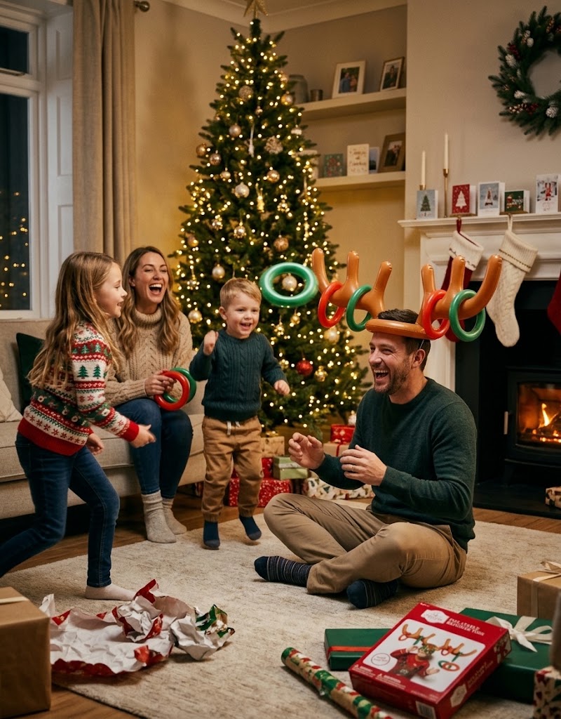 Family playing the inflatable reindeer antler ring toss game by the Christmas tree at home in Lebanon.