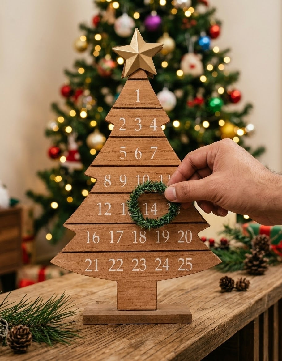 Hand placing miniature pine wreath marker onto wooden Christmas tree advent calendar, Christmas gift shop Lebanon.