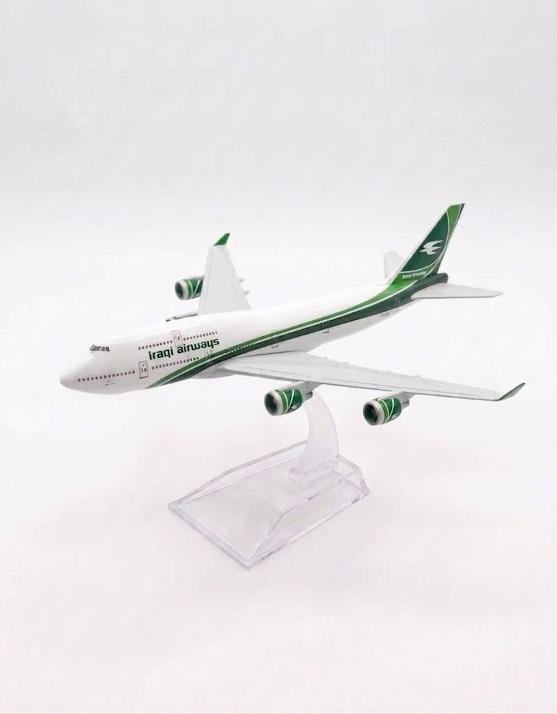 Iraqi Airways Boeing 747 diecast metal model plane (15cm) on clear display stand, aviation collectible in Lebanon.