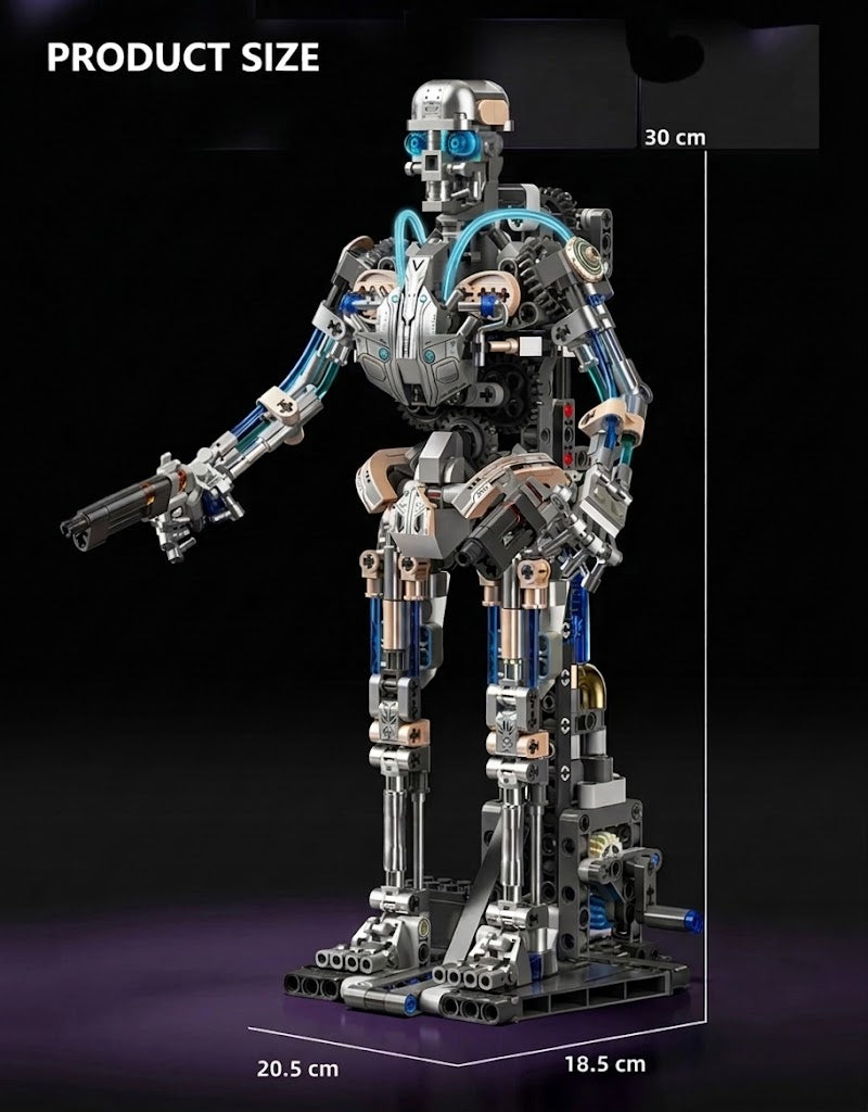 Titan-class cybernetic mechanical robot building block model kit showing dimensions of 30 cm height, 20.5 cm width, and 18.5 cm depth on display stand.