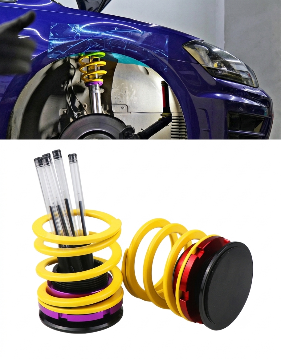 JDM car shock absorber desk organizer holding pens, featured alongside a real vehicle suspension system for automotive enthusiasts.