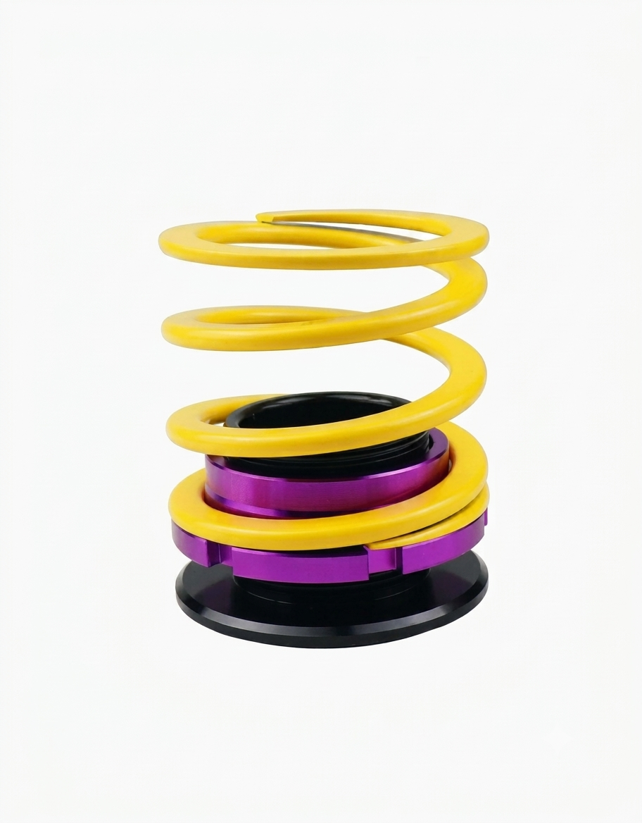 JDM style car shock absorber pen holder in yellow and purple with height adjustable aluminum alloy design on a white background.