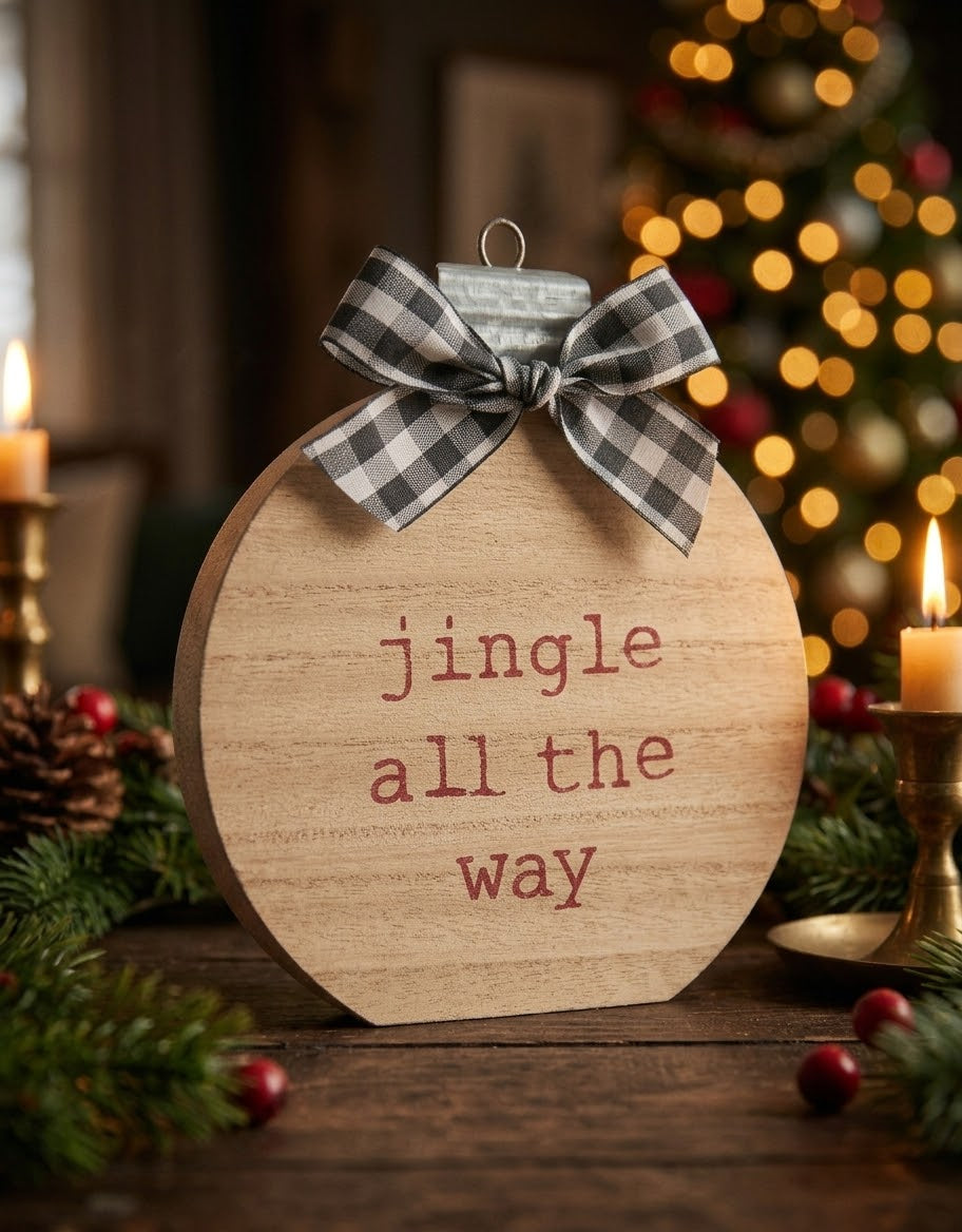 Close-up shot of the freestanding wooden Christmas ornament plaque with red stamped lettering, galvanized tin top cap, and buffalo plaid ribbon accent.