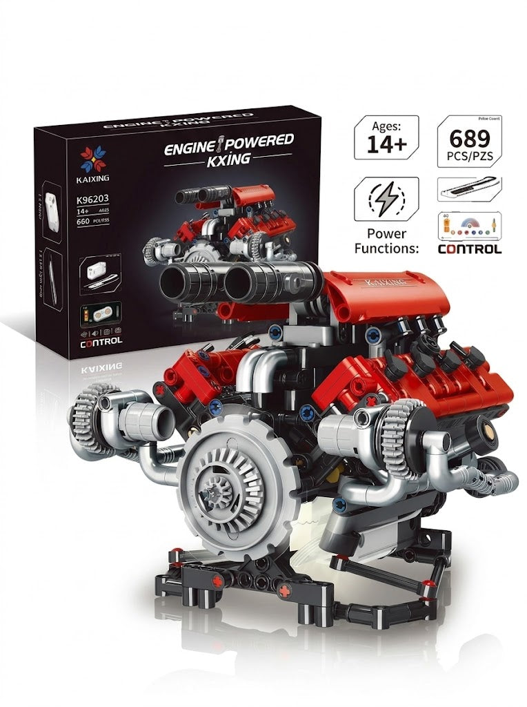 Kaixing K96203 motorized V8 engine mechanical building block model set with moving gears and power functions.